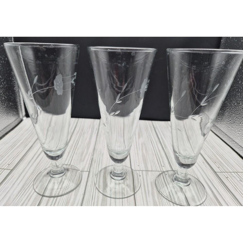 Princess House Heritage Crystal Pilsner Glass Set of 3 Vintage Etched Floral